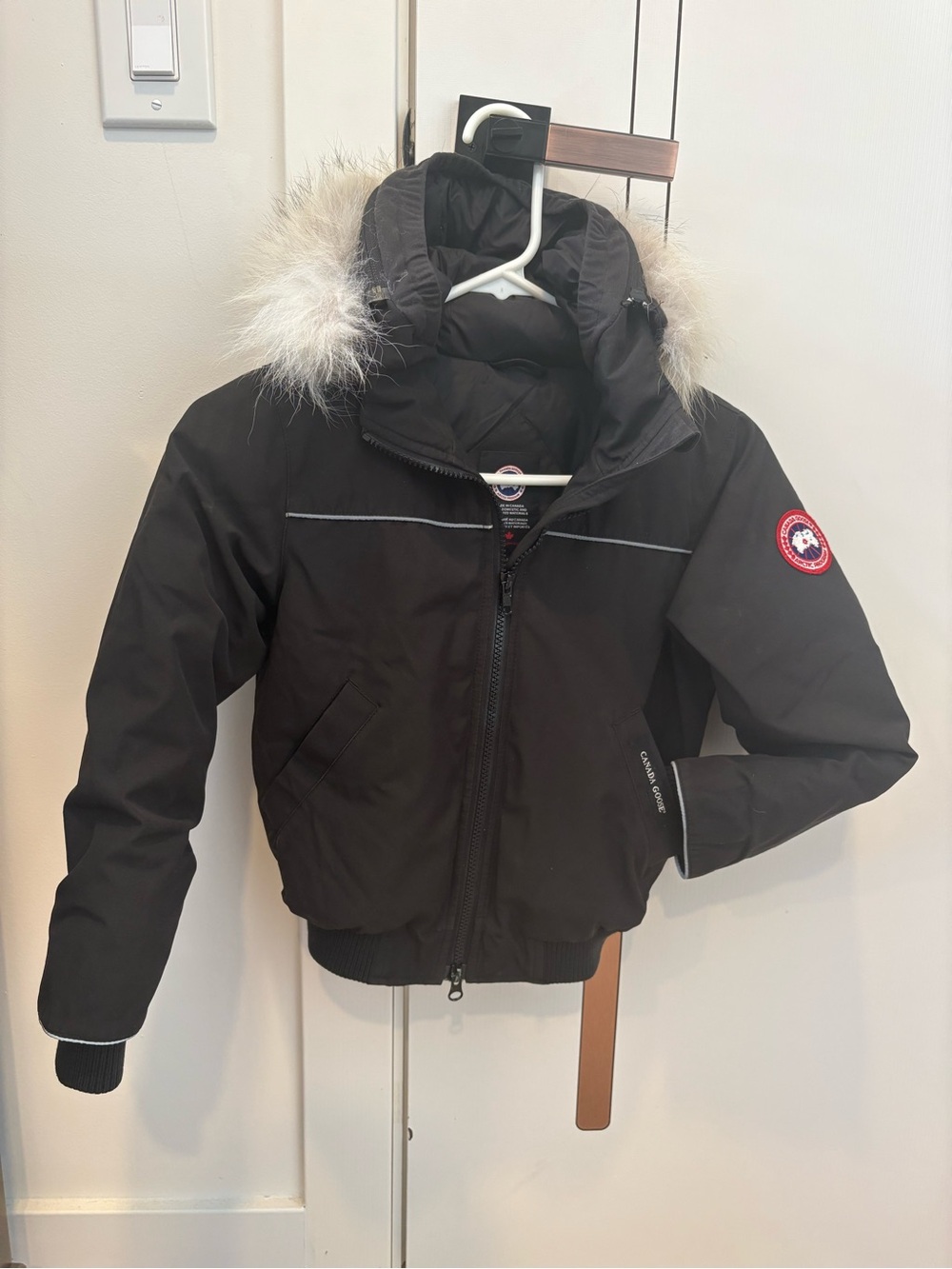 Canada Goose Kids Black Bomber Puffer with Faux Fur Hood